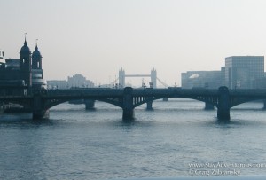 View of the Tower Bridge in London along the Thames River