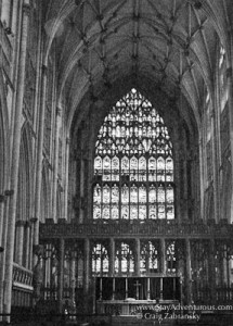 View of stained glass inside York Minster