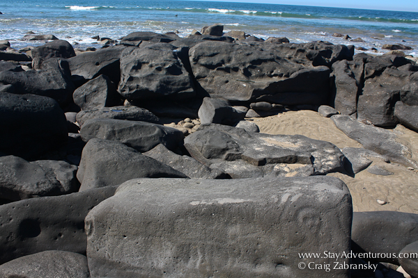 petroglyph or rock carving on the beaches of las labradas, mazatlan, mexico