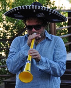 craig zabransky in a sombrero with a vuvuzela in the riviera maya, mexico