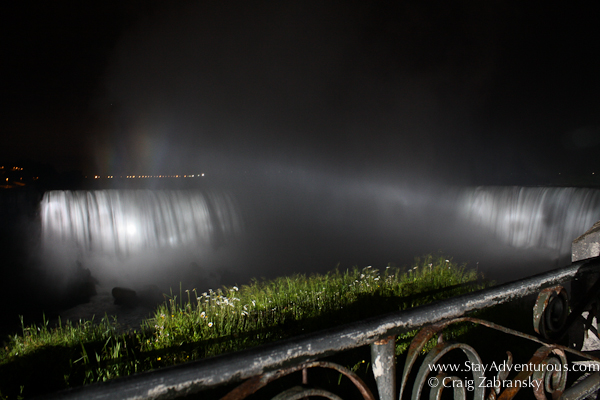 the Horseshow Falls (Canadian Falls) at Niagara Falls at night from the Canadian side of the natural wonder