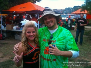 the Oklahoma State Cheerleaders paying a visit to meet the Campus Crashers at the tailgate