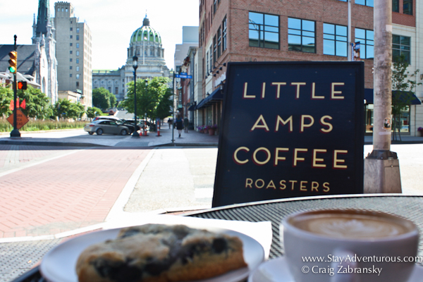 taking in a coffee and a scone at the downtown Little Amps in Harrisburg, Pennsylvania 