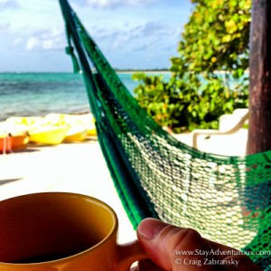 taking a coffee in the morning on the hammock at Casa de Corazon in Soliman Bay, Riviera Maya, Mexico