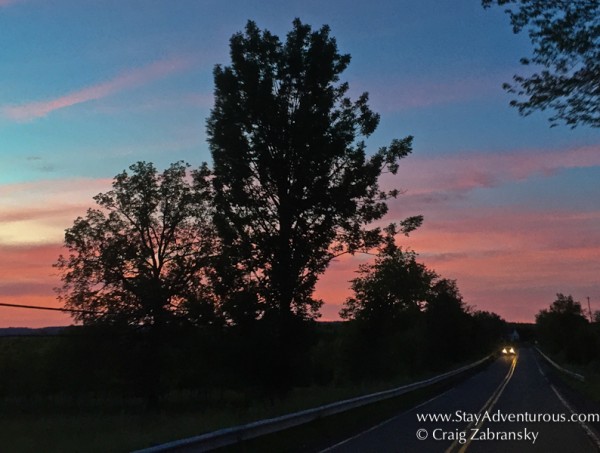 sunset on the roural roads of pocono mountains in pennsylvania