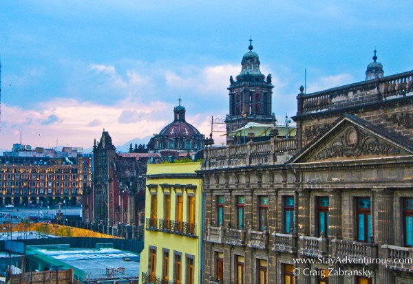 Sunset in Mexico City, photo taken from El Mayor Roof top in the Historic Center with view of the Zocalo