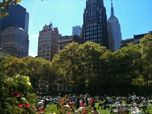 a summer view of the lawn at Bryant Park, NYC