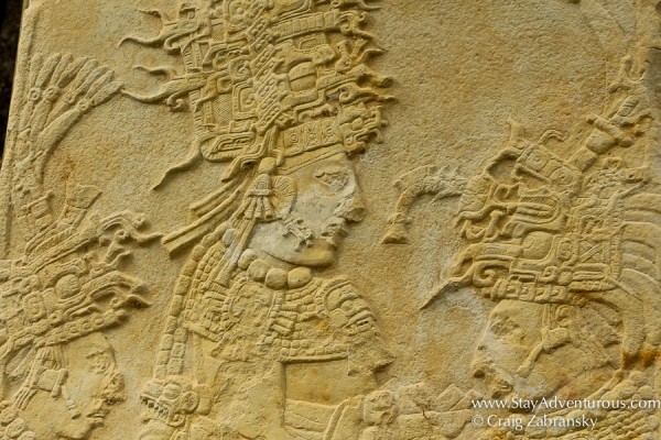 Stelae inside mayan ruins of bonampak in chiapas, mexico