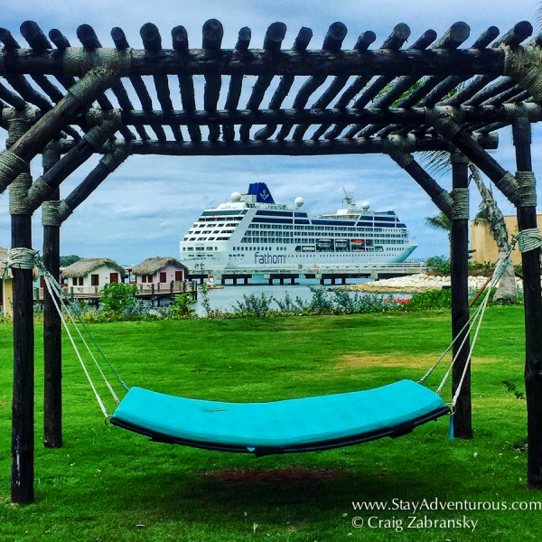 the view of the mv Adonia from Amber Cover on the Fathom Impact Travel Cruise to the Dominican Republic 