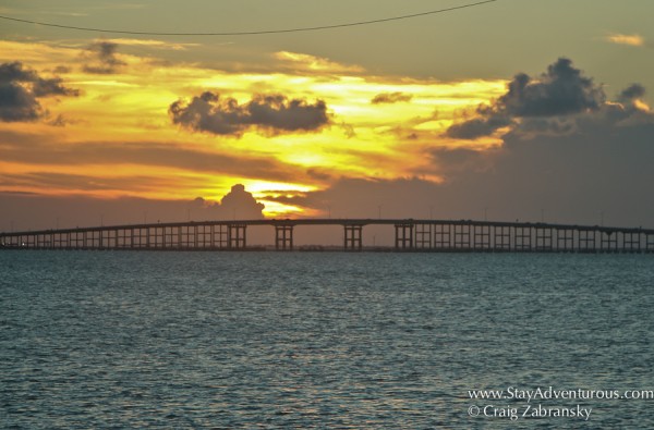 South Padre Island Sunset view from Pier 19 on the Laguna Madre and the Causeway