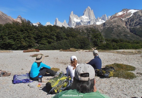 Enjoying a break and the view (Fitz Roy is the tallest and Poincenot peak second tallest) in Argentina