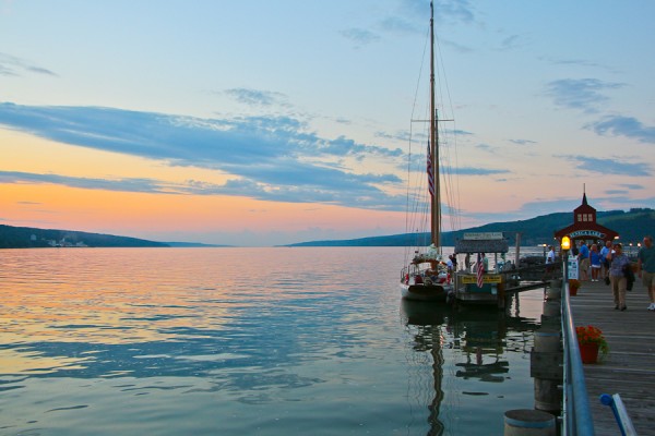 the dock on Senaca Lake behind the Watkins Glen Harbor Houtel in the Finger Lakes of New York at Sunset