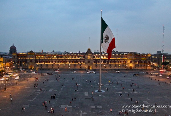 the Zocalo, the main plaza in Mexico City at night, or rather dusk