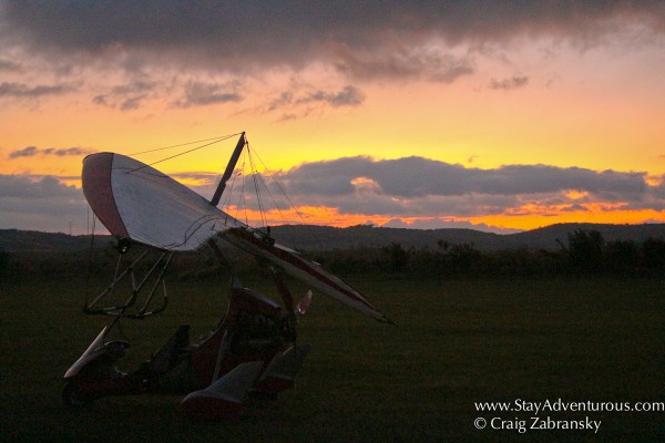 the sunset afterglow with the Ultraligero on the Valle Bonito airfield in Chiapas, Mexico