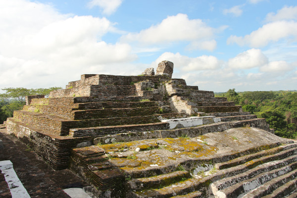 The Gran Acropolis inside Comalcalco Mayan Site in Tabasco, Mexico