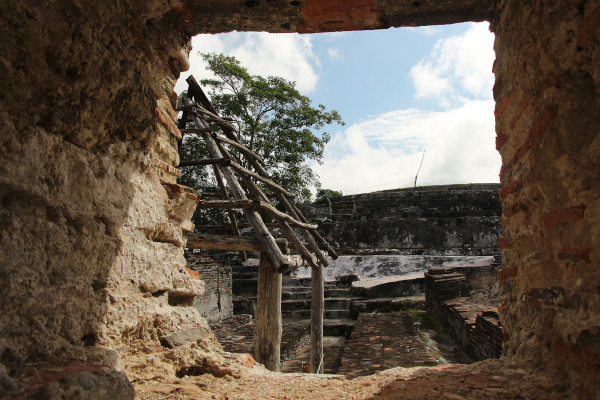 looking through the ruins at Comalcalco a Mayan site in Tabasco, Mexico