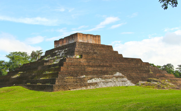 the back of Temple I in the North Plaza at Comalcalco Mayan Site in Tabasco, Mexico