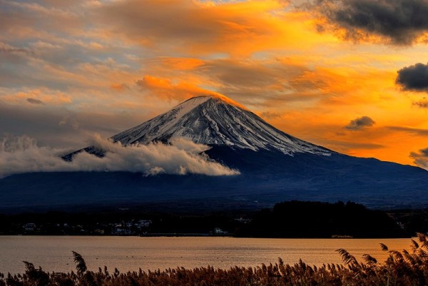 Mt Fuji in Japan at sunset from Kawaguchiko, the second largest Mt Fuji Lake