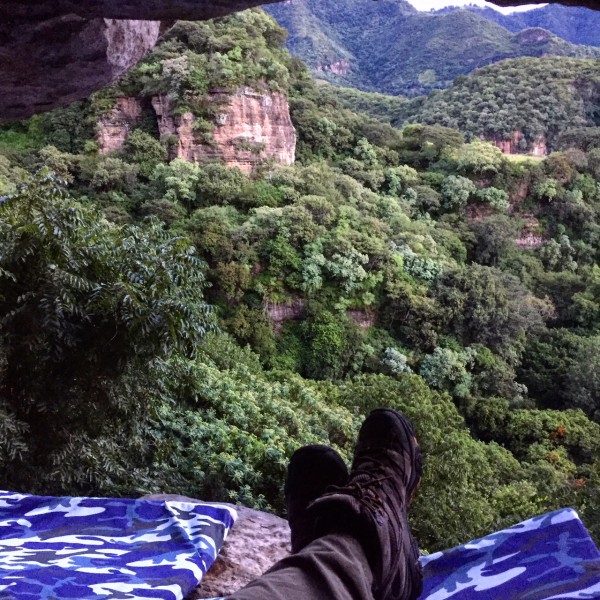 the morning view from la grieta overnight cave cmaping with maliemociones in malinalco, mexico