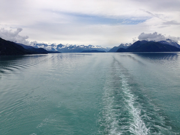 view from the aft of the ship on passage through Glacier Bay alaska