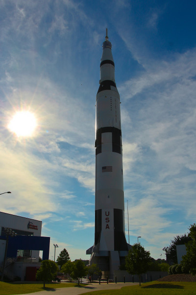 the Saturn V rocket outside on display at the US Space and Rocket Center in Huntsville, Alabam