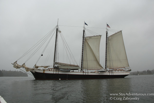 the Victory Chimes anchored off North Haven in Coastal Maine