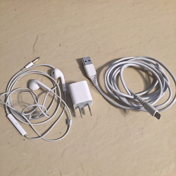 iPhone charger and headphones. 