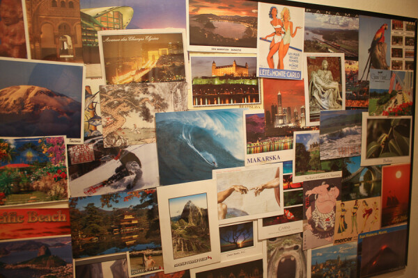 postcard collage in new york city apartment