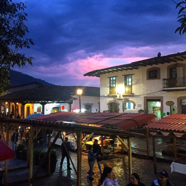 sunset from Jardin Principal, the Zocal in Valle de Bravo, a pueblo magico in edo mexico, Mexico