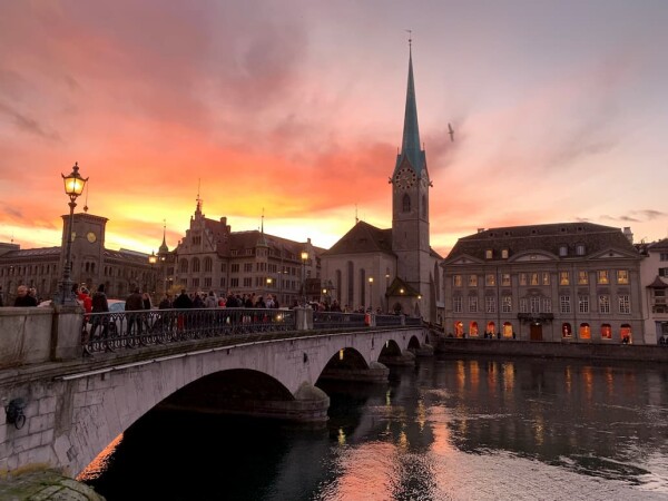 sunset limmat river zurich, switzerland