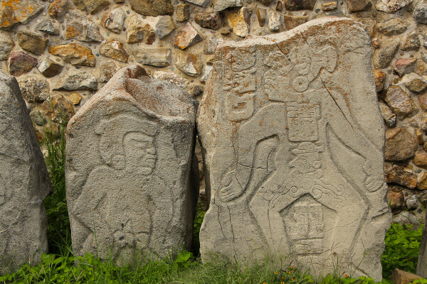 Danzantes, carved stone "dancers" in monte alban, oaxaca, mexico