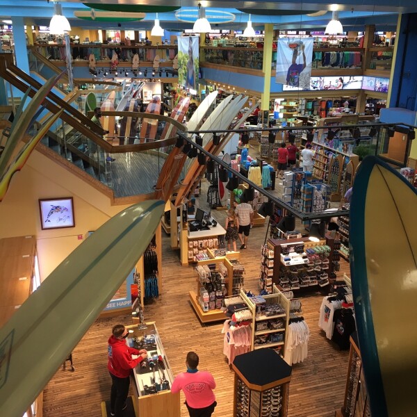 second floor view inside the world fmaous Ron Jon Surf Shop in Cocoa Beach, Florida