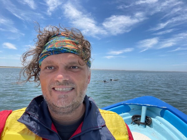 dolphin selfie in Magdalena bay offshore of Puerto Adolfo Lopez Mateos Baja California Sur, Mexico