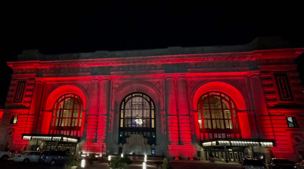 kansas city union square at night, red for chiefs football