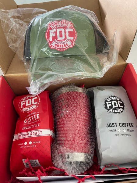 gift box of Fire Dept Coffee, with coffee, baseball hat and coffee mug