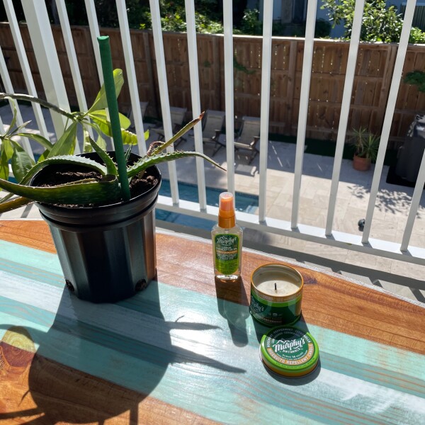 murphy's naturals products on porch with pool view