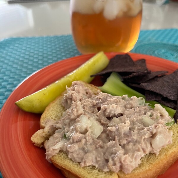 Tuna sandwich, icea tea, chips, pickle - delicious summer meal
