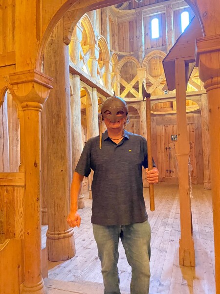 Viking helmet, Axe inside the 12th century Stave in Moorehead, Minnesota