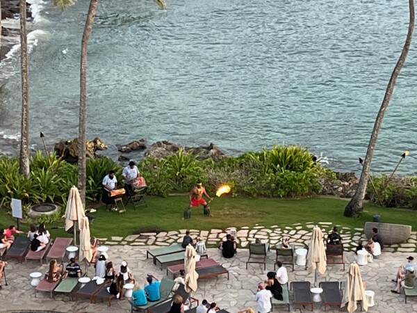 view from the balcony of turtle bay resort in north shore oahu to watch polnesian fire dancing show