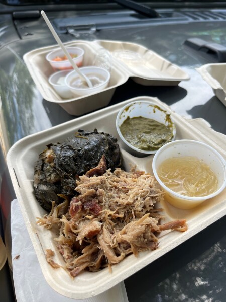 kalua pork with poi at hawaiian rest stop style restaurant