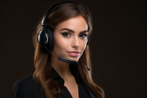 Portrait of beautiful customer support phone operator in headset . 