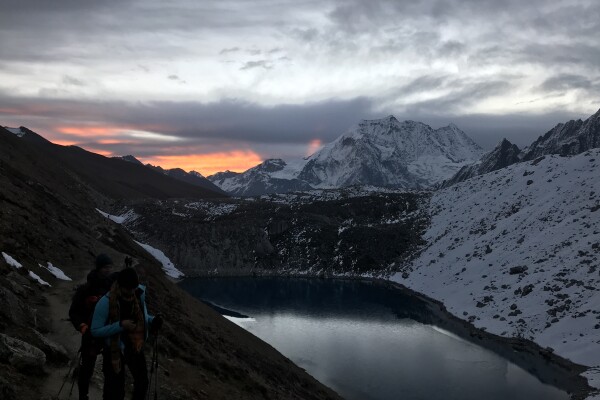 sunset on larke pass in the himalayas
